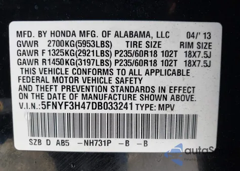 2013 Honda Pilot Ex from USA, damaged, VIN 5FNYF3H47DB033241
